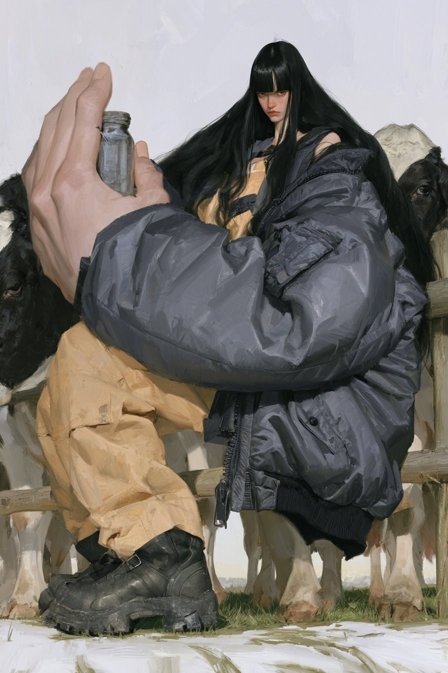 여성이 눈 위에 무릎을 꿇고 어두운 회색 다운재킷과 카키 색 작업 바지를 입고 투명한 작은 병을 들고 있다