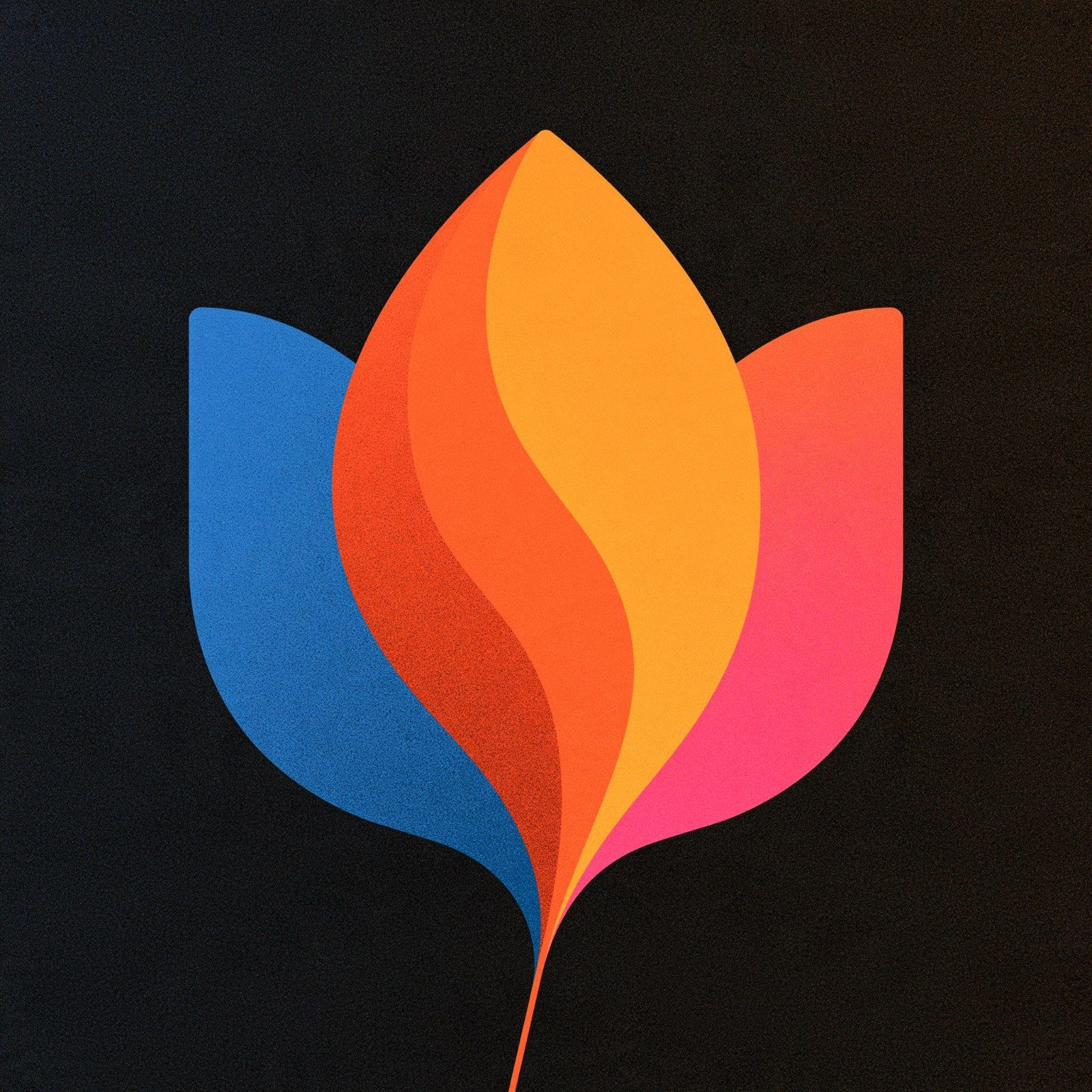 A logo composed of four streamlined abstract petals is presented on a dark background