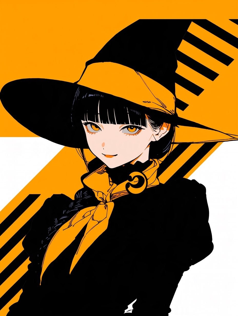 アニメスタイルの魔女コスチュームを着た女性が画面の中央にいます