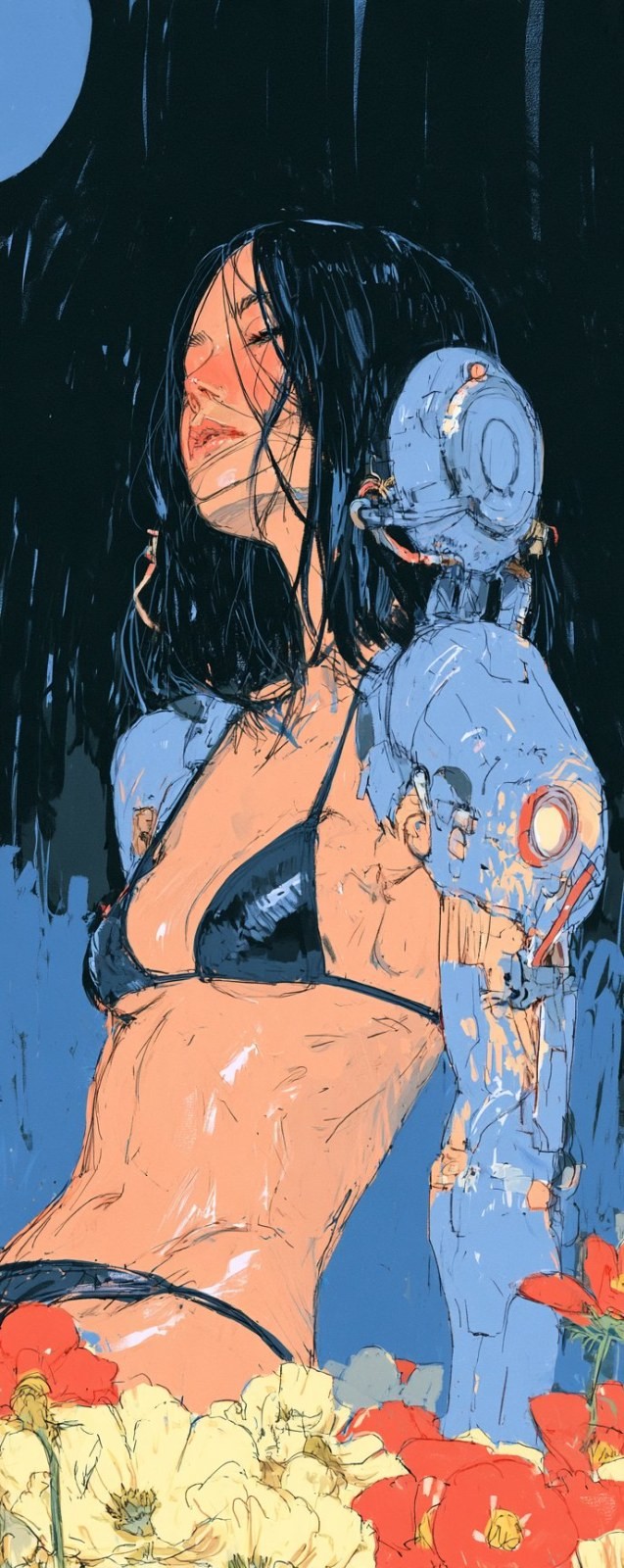 一位黑发黑瞳女性穿着黑色比基尼，左臂为破旧蓝色机械义肢