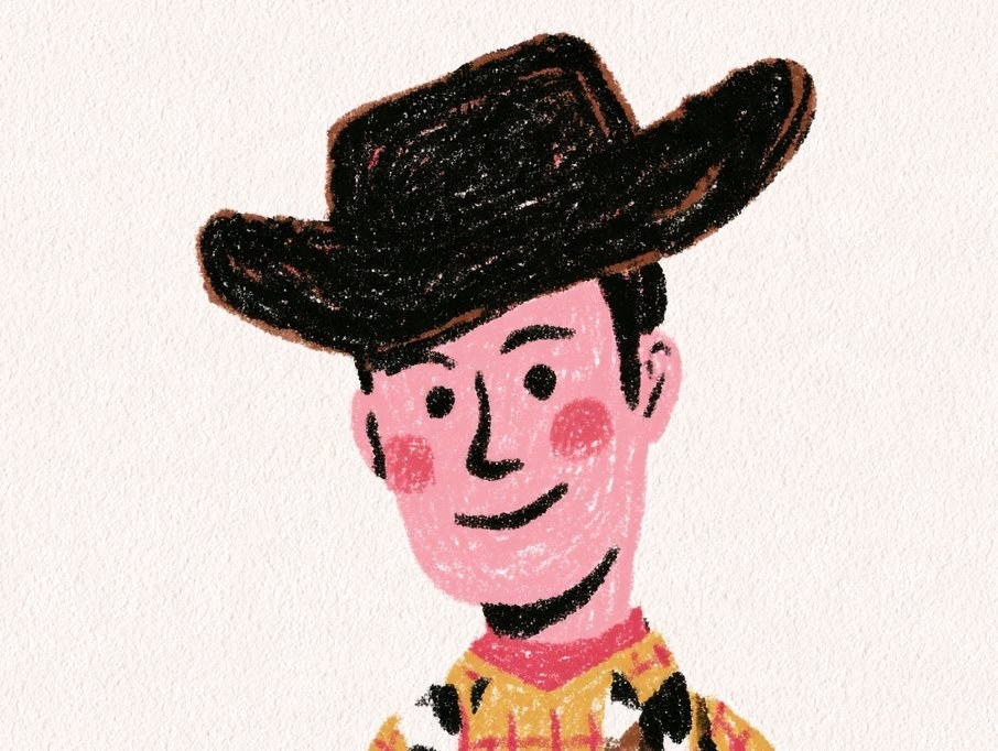 Un personaje que lleva un sombrero negro de ala ancha, una camisa de cuadros amarillos y una bufanda roja