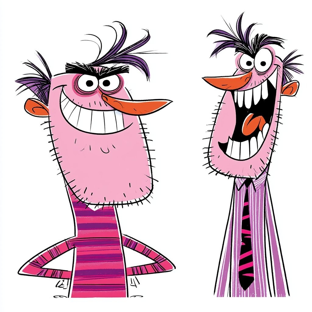Two exaggerated cartoon characters wearing different colored outfits and showing humorous expressions
