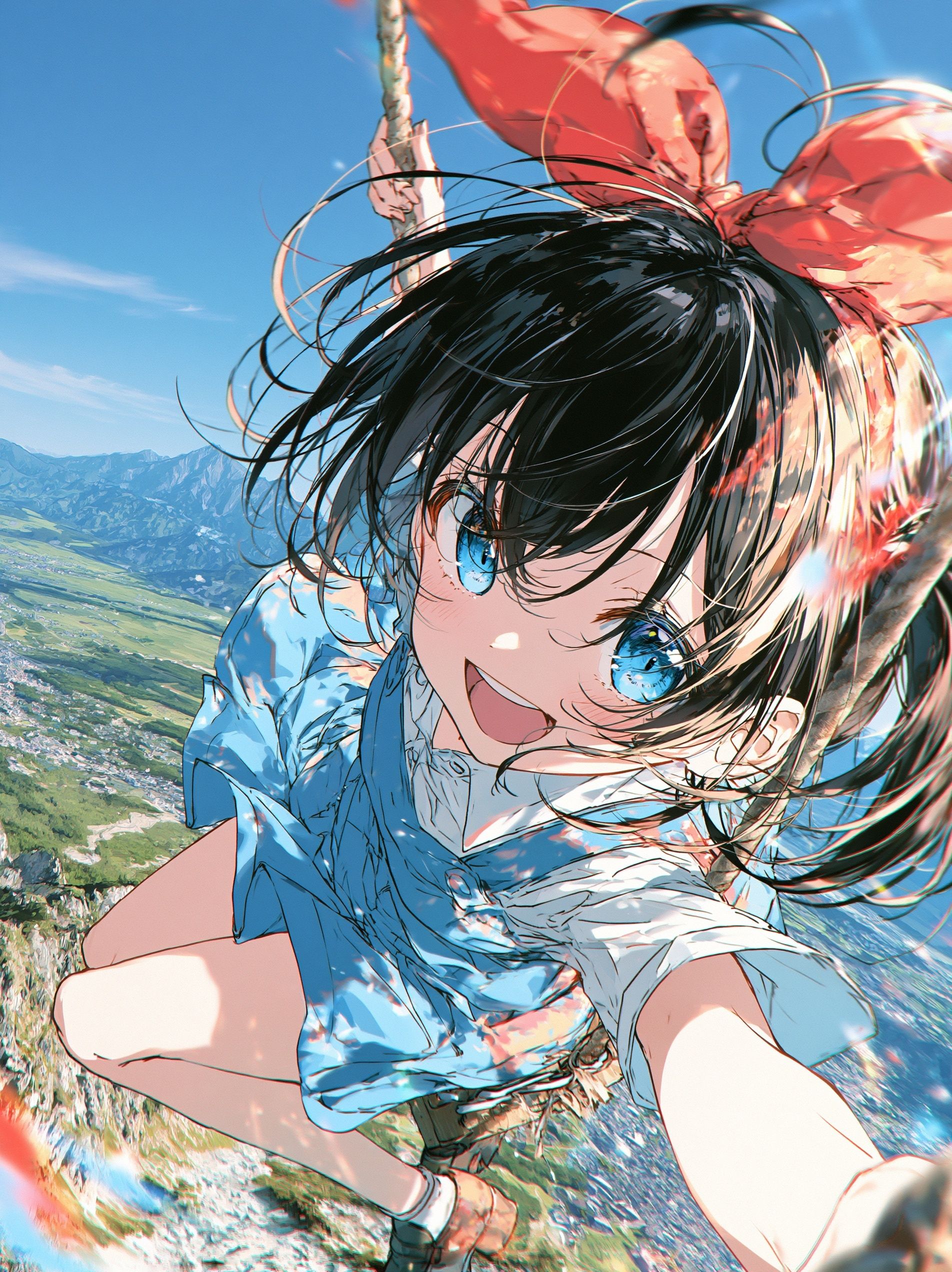 A young woman with black hair and blue eyes, wearing a red ribbon, sitting on a swing with the Alps mountains and a green valley in the background