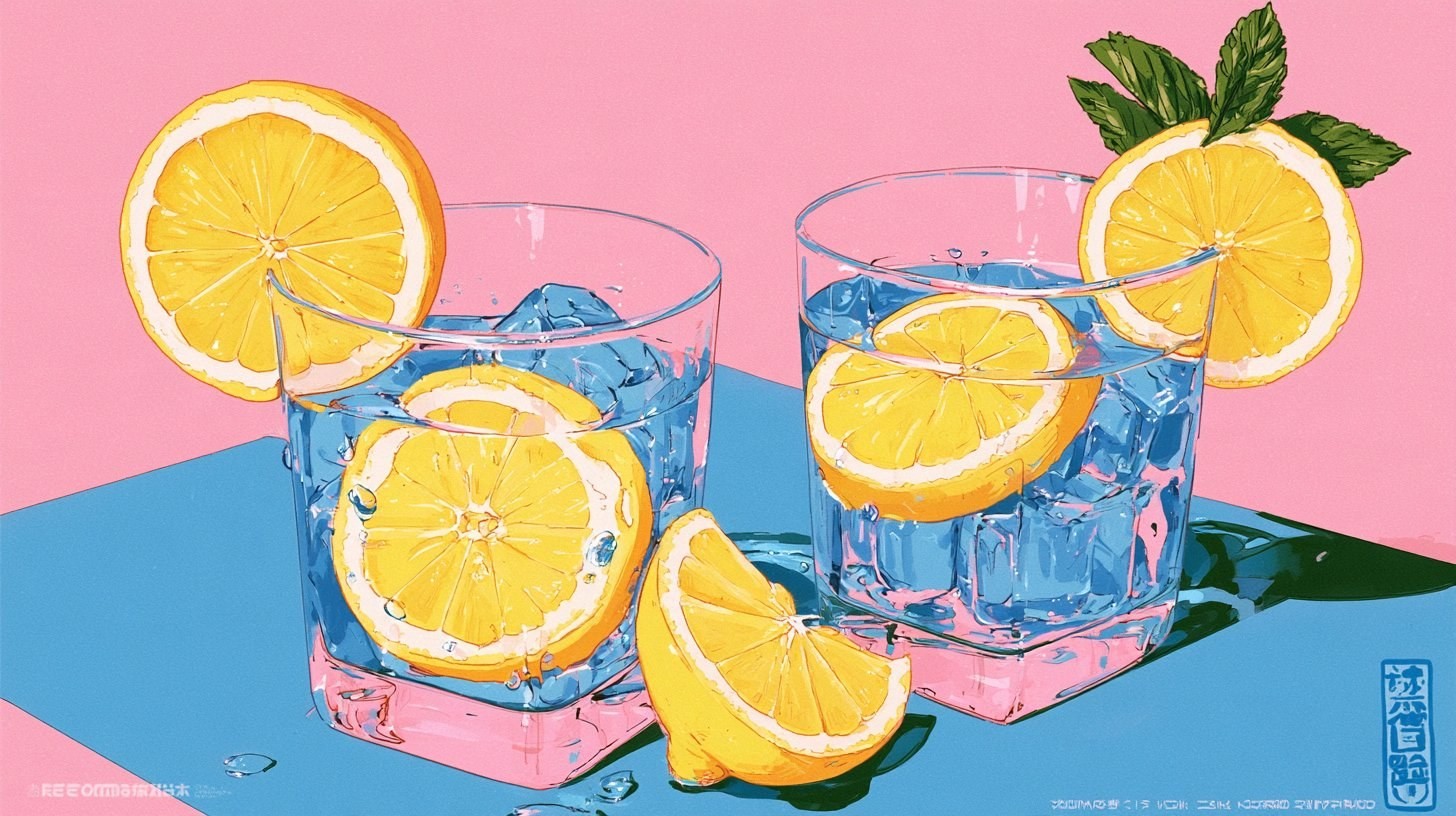 Deux boissons avec de la glace et des tranches de citron devant un fond bleu et rose