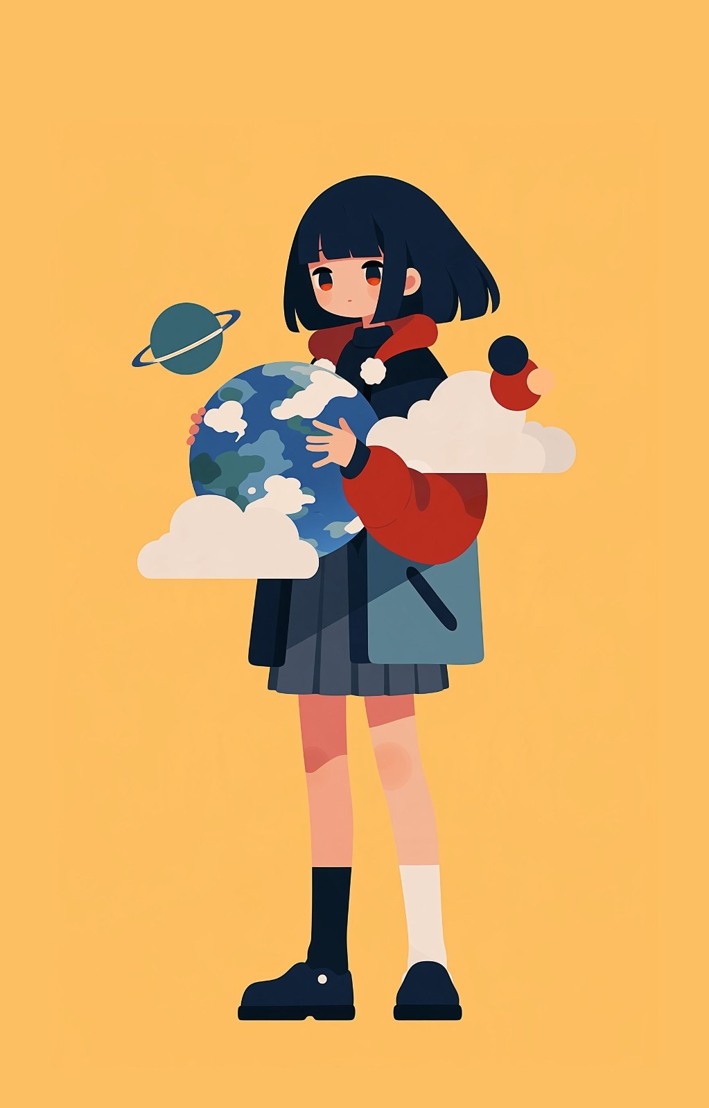 A girl with shoulder-length black hair and amber eyes hugs a blue planet while dressed in a red-black jacket and gray pleated skirt