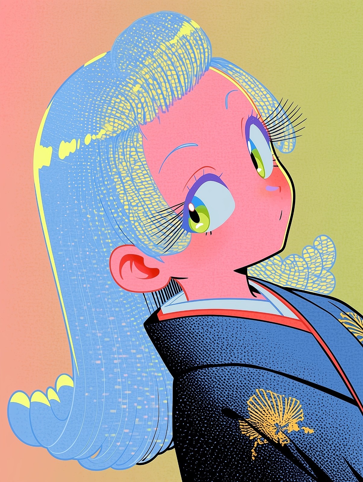 A pop art illustration depicts a woman with pink skin in profile