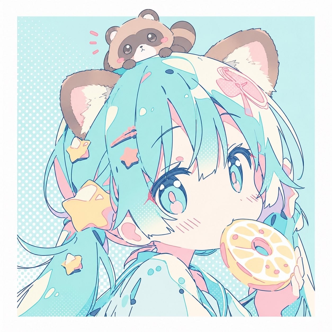 Close-up of anime girl with teal hair wearing raccoon ears holding donut