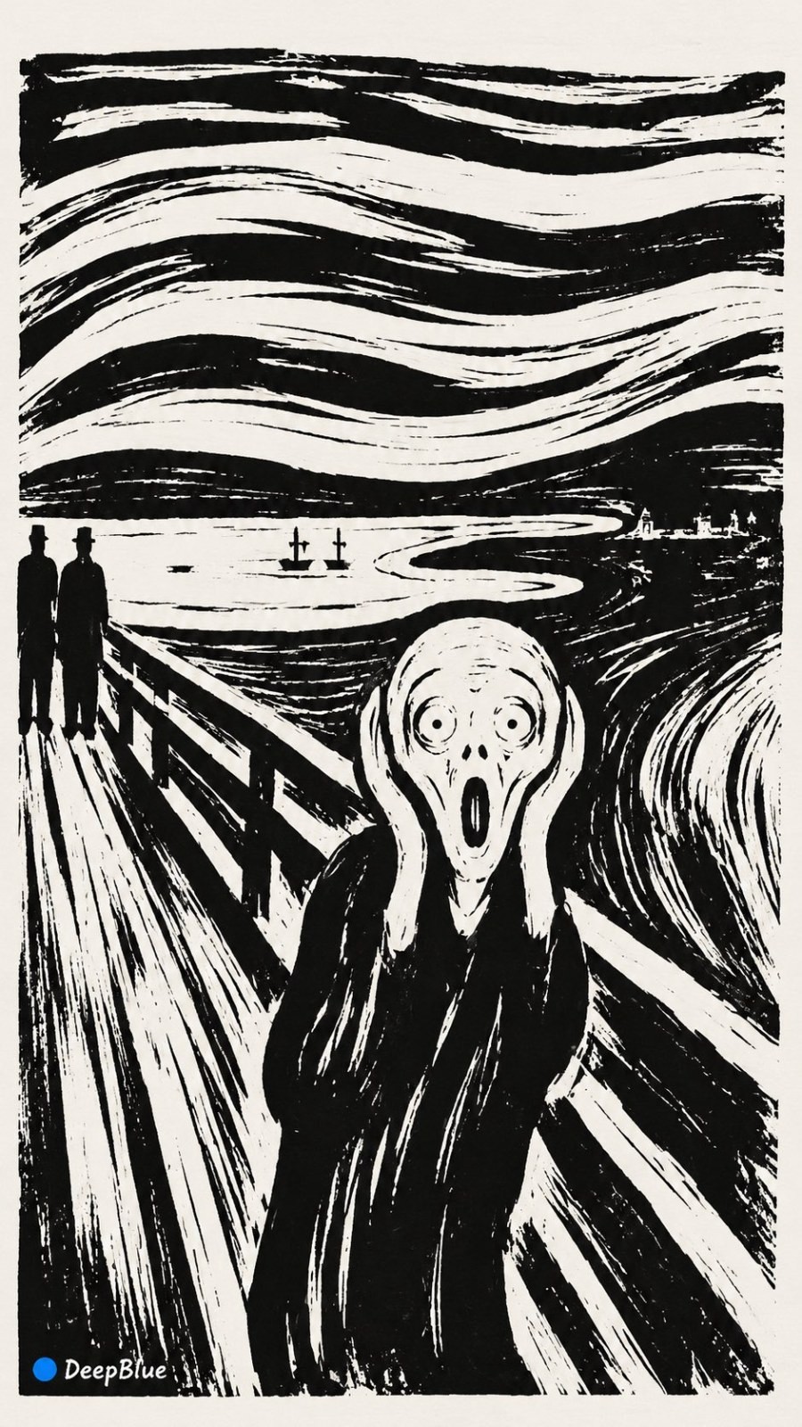 This black and white print depicts a terrified figure standing on a bridge