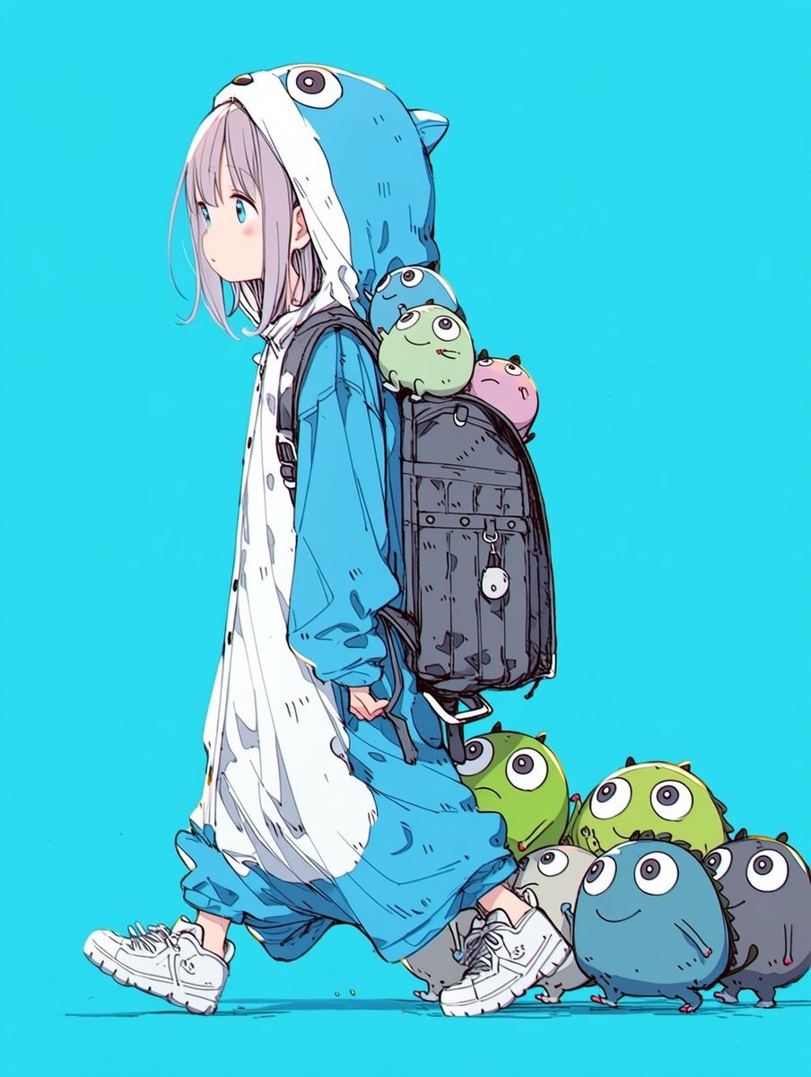 Silberhaariges Mädchen im blau-weißen Hai-Kapuzenpullover mit grauem Rucksack, bunte Mini-Monster um sie herum auf leuchtend blauem Hintergrund