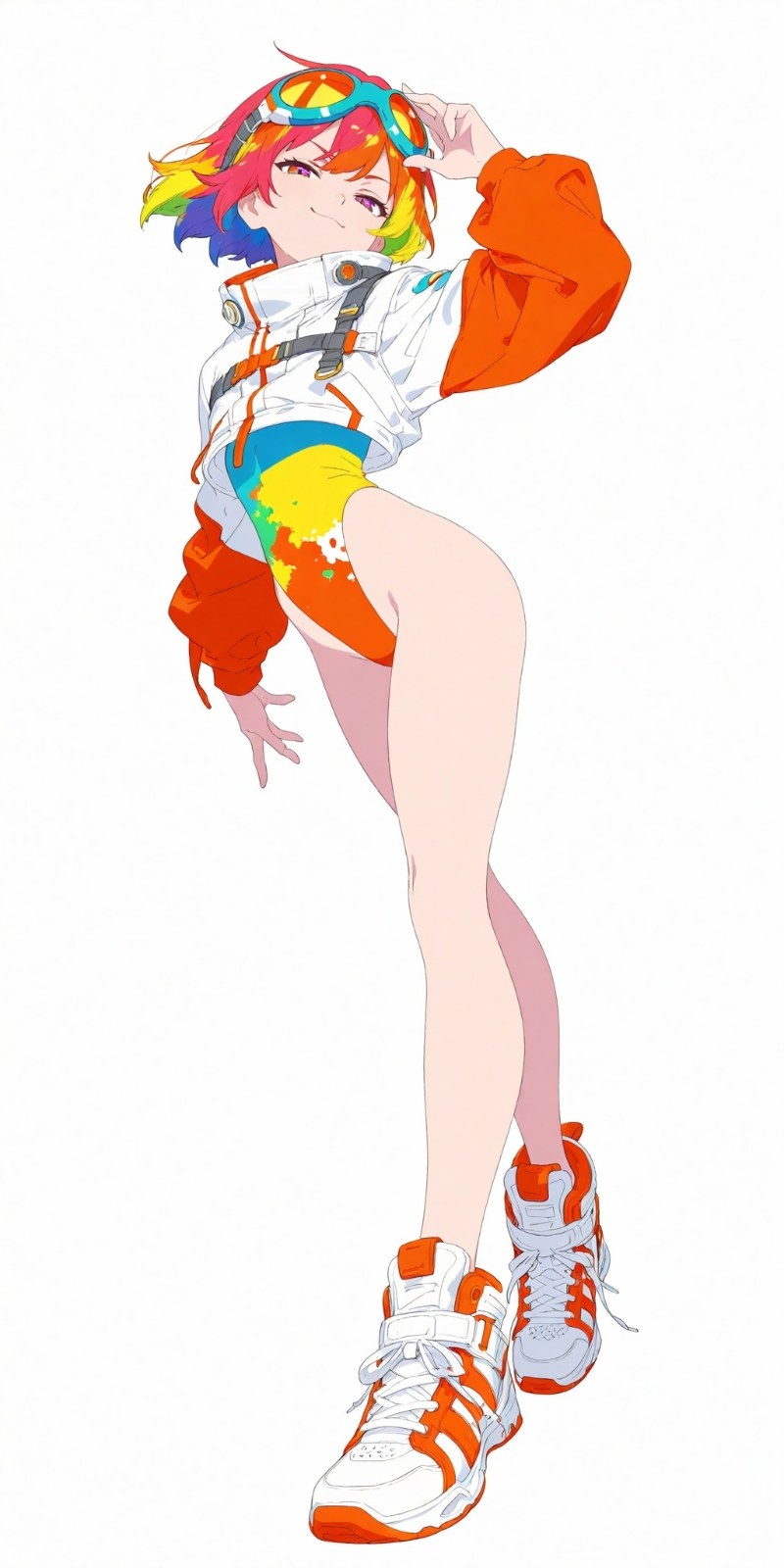 Rainbow-haired anime girl wears white jacket and gradient bodysuit