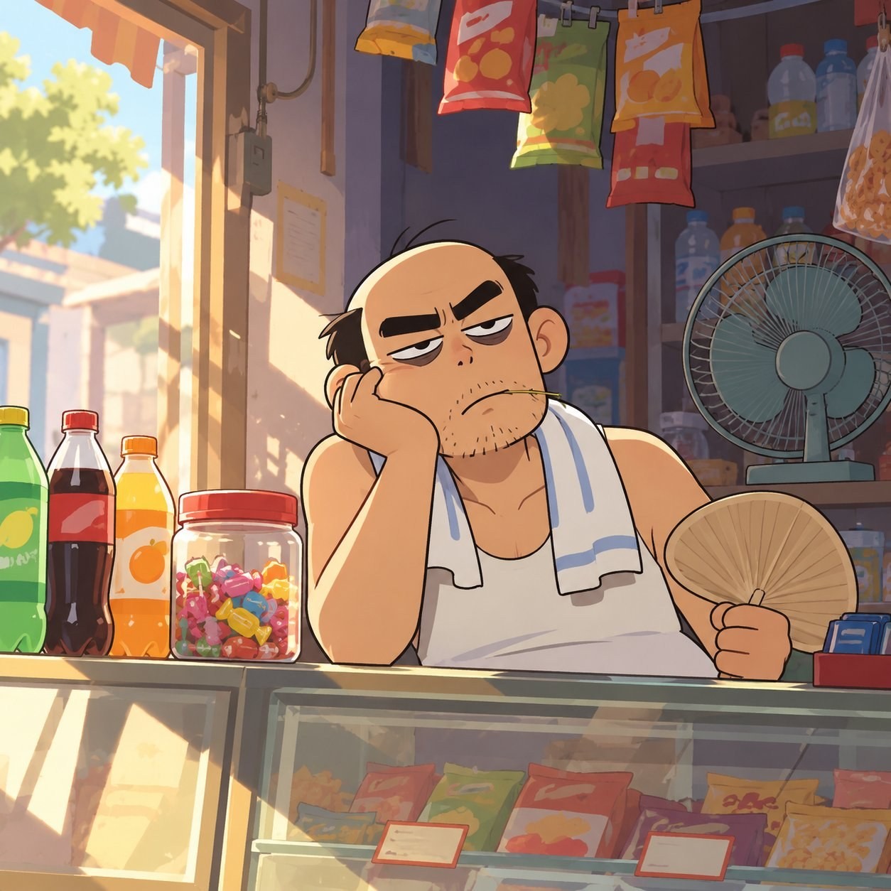 A balding middle-aged shopkeeper in a white tank top lazily leans behind the counter of a small store