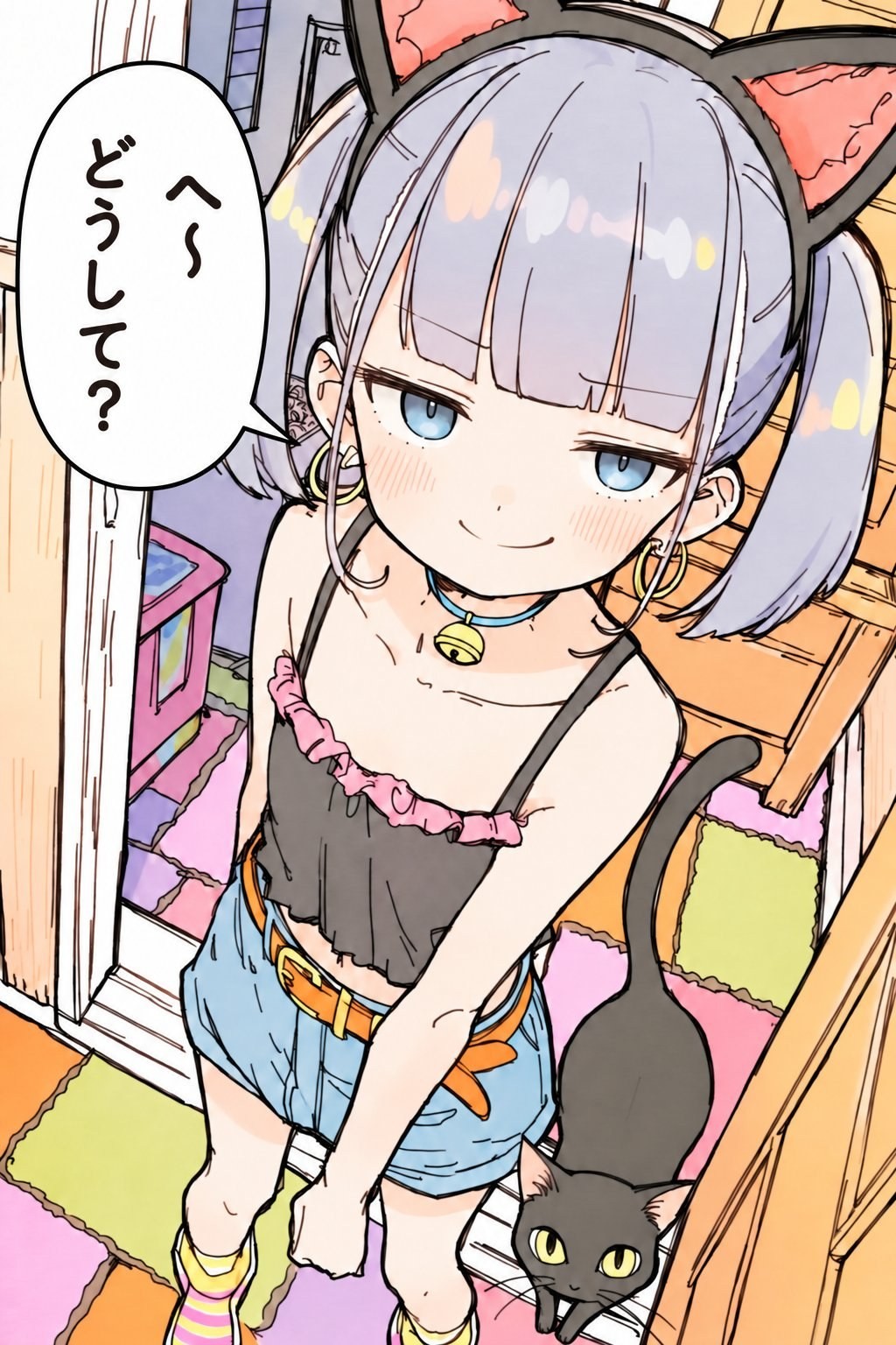 Short lilac-haired girl in cat ears, black pink-trim tank and denim shorts looks down