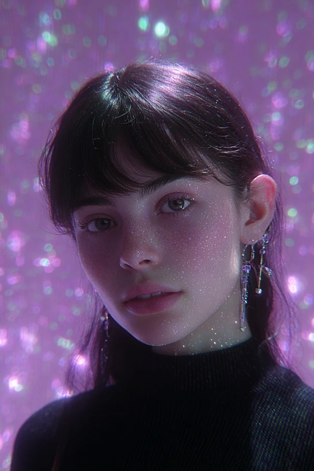 Dreamy digital portrait with soft volumetric lighting, magenta and teal bokeh particles, glittery skin, shallow depth of field, centered composition for beauty editorials and ethereal brand campaigns