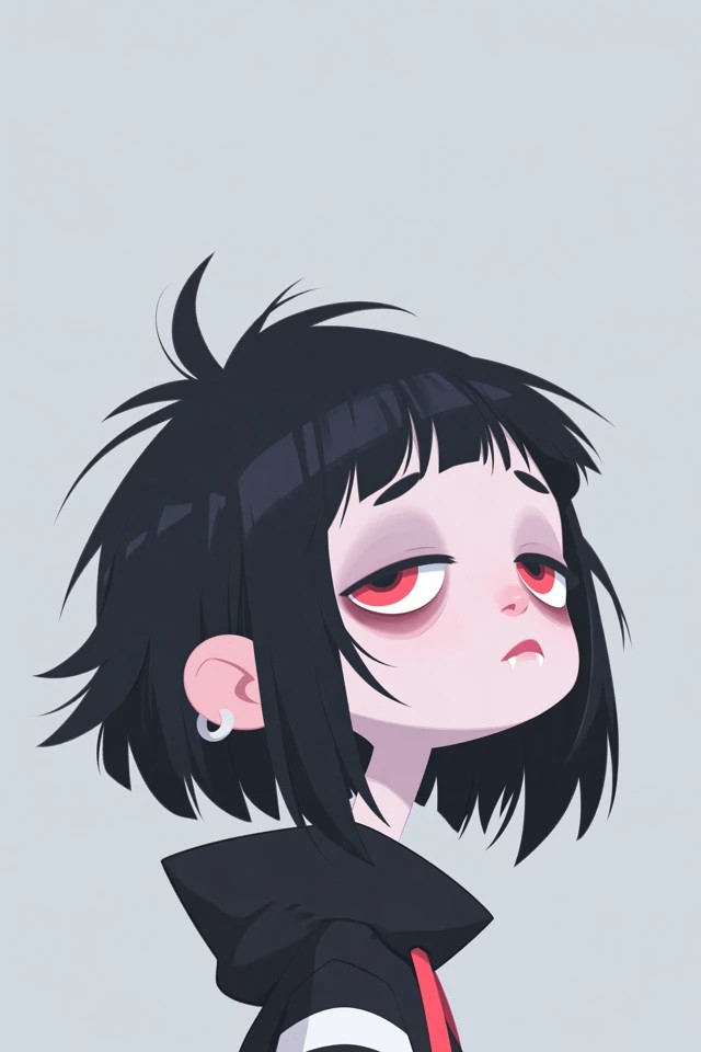 Retrato de cuerpo entero de personaje NPR femenino con colmillos y ojos entreabiertos cansados