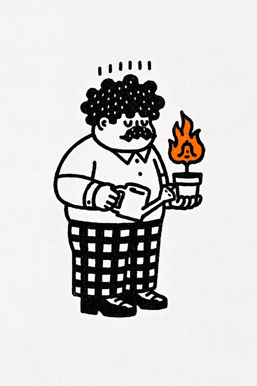 Ilustración de hombre bajito de dibujos animados con planta en llamas y regadera