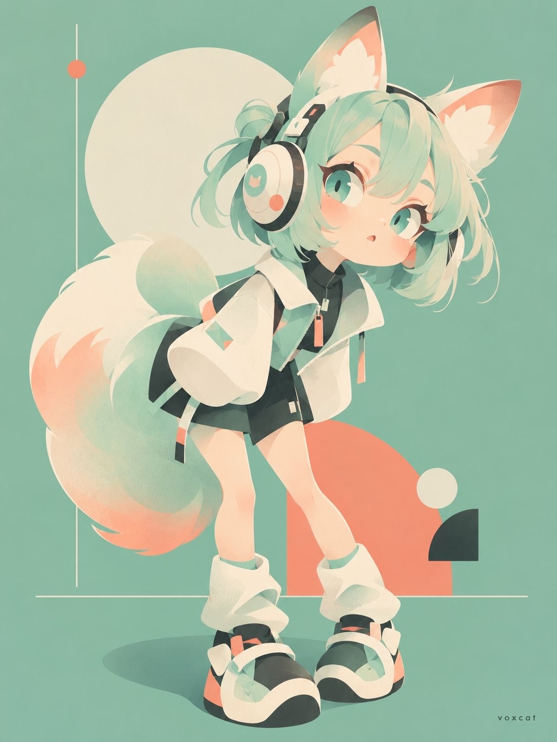 A mint green haired Q-version girl with pink and white animal ears and white headphones showcases a fresh, modern 2D style