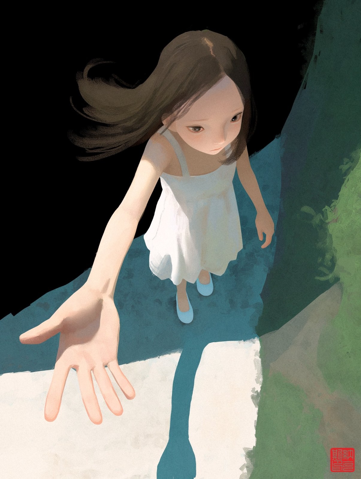 白吊带裙女孩从暗处俯身探出伸手向下