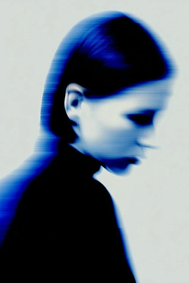 Cyanotype-inspired horizontal motion blur high-contrast digital image