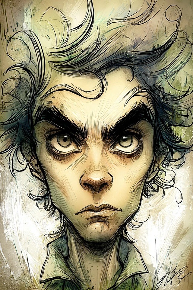 Ink-wash caricature style with olive and sepia tones, gritty textures, dramatic lighting, suitable for dark comedy posters and graphic novel covers