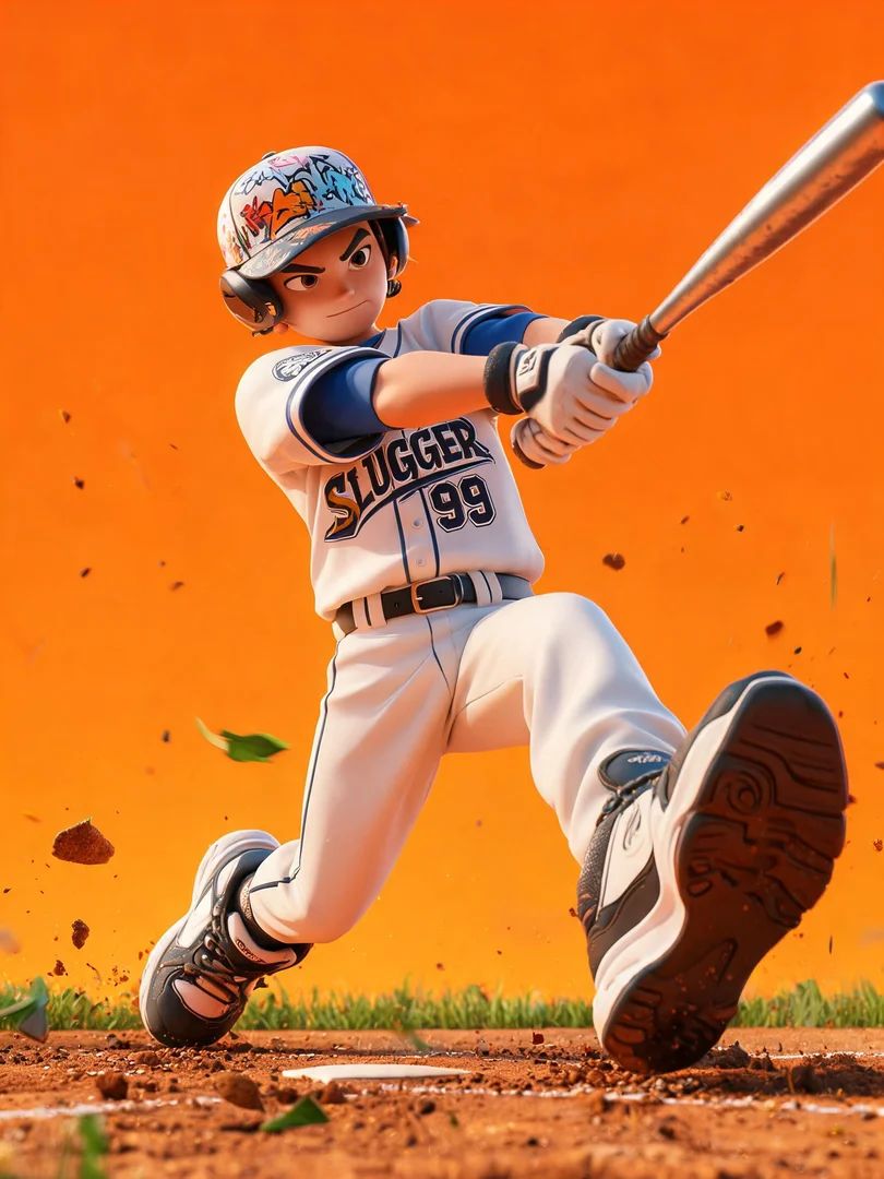 Un joueur de baseball cartoon de style urbain 3D balance sa batte