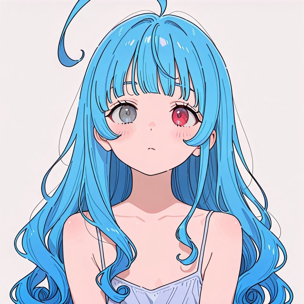 蓝发动漫少女半身像，异色双瞳穿浅色背心