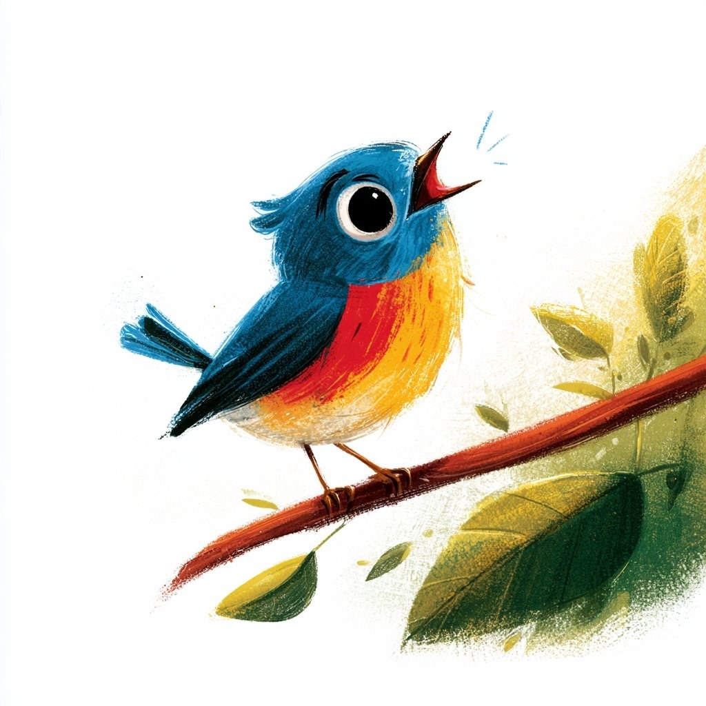 A colorful bird perches on a red branch singing