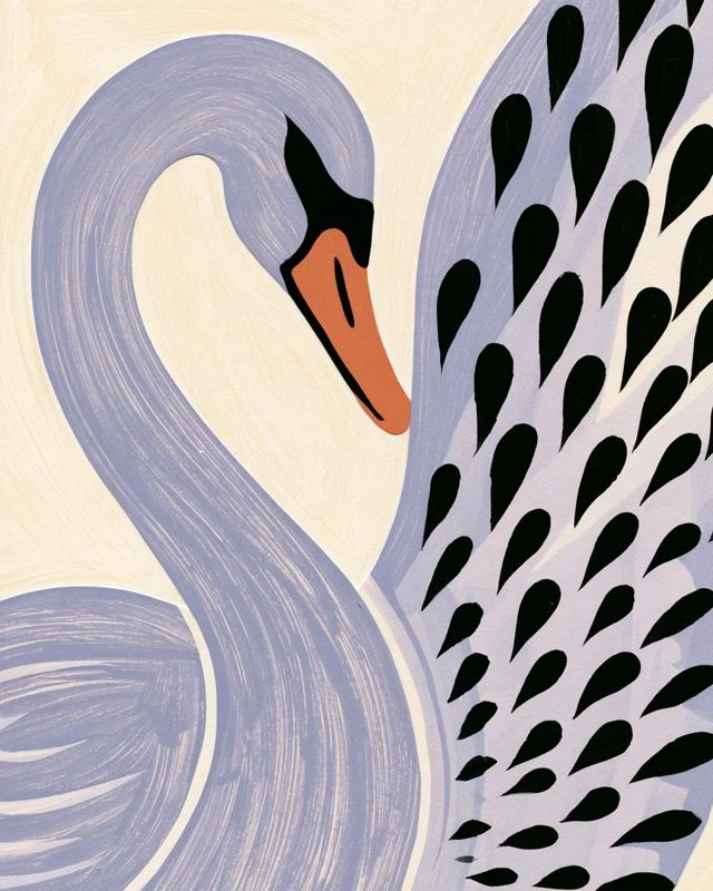 Gros plan de cygne en gouache façon papier découpé, long cou gracieux vers la gauche, grande aile à droite, marques noires en larme, bec terracotta, fond crème