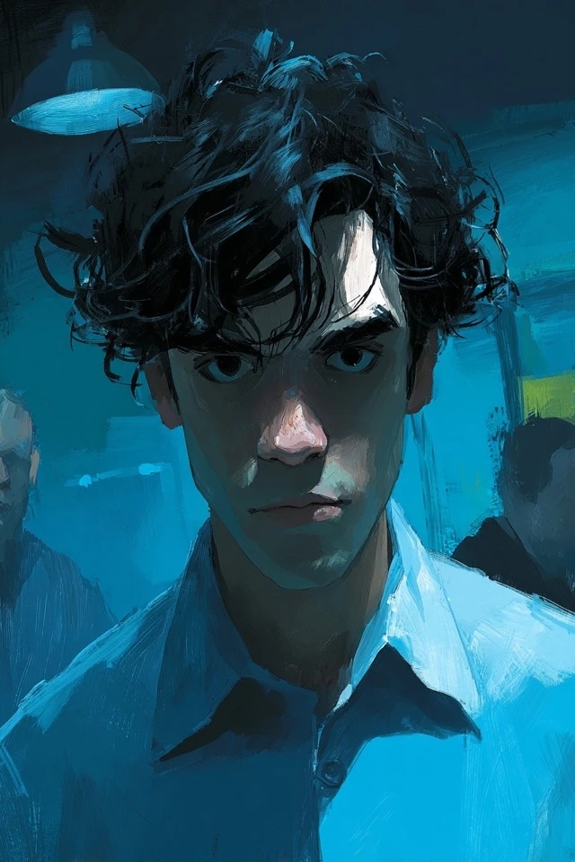 Dark digital illustration with bold teal brushstrokes, dramatic chiaroscuro and tight framing
