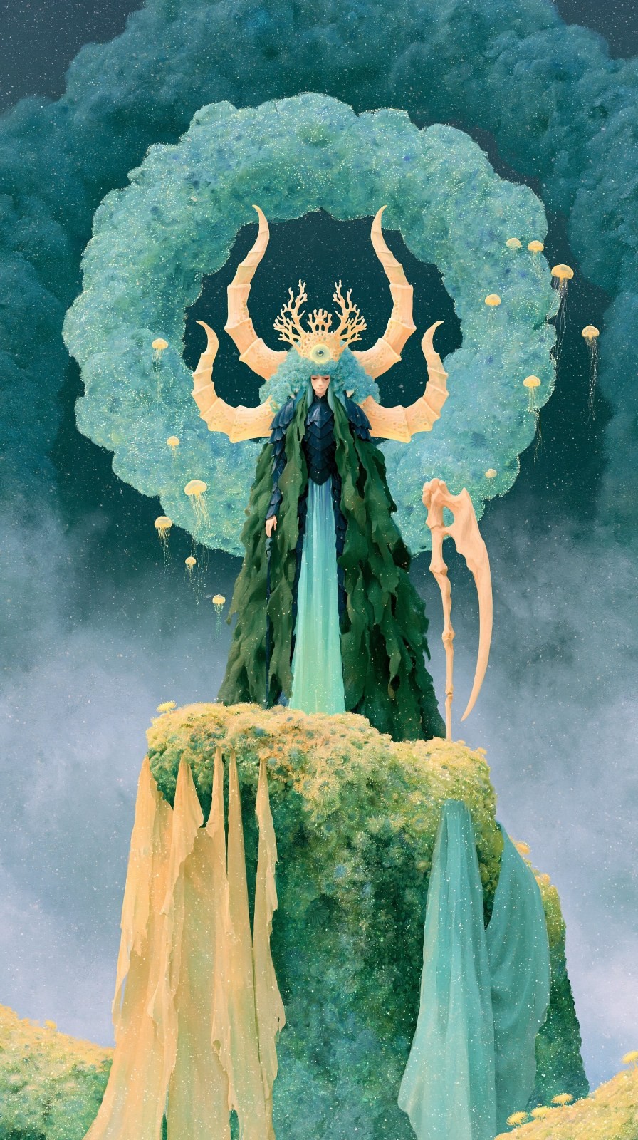 Mysterious figure with golden horns holds bone-white staff on mossy cliff