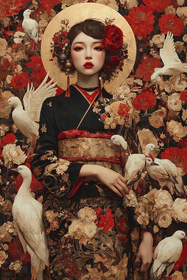 Ornate Japanese portrait with gold halo and crimson floral brocade for fashion and luxury ads