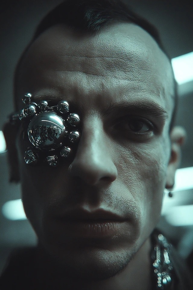 Cinematic cyberpunk noir with desaturated teal shadows, high-contrast chiaroscuro lighting, metallic reflections, gritty skin texture, and tight symmetrical framing, suitable for dystopian sci-fi film stills, dark futuristic editorial portraits, and speculative fiction book covers