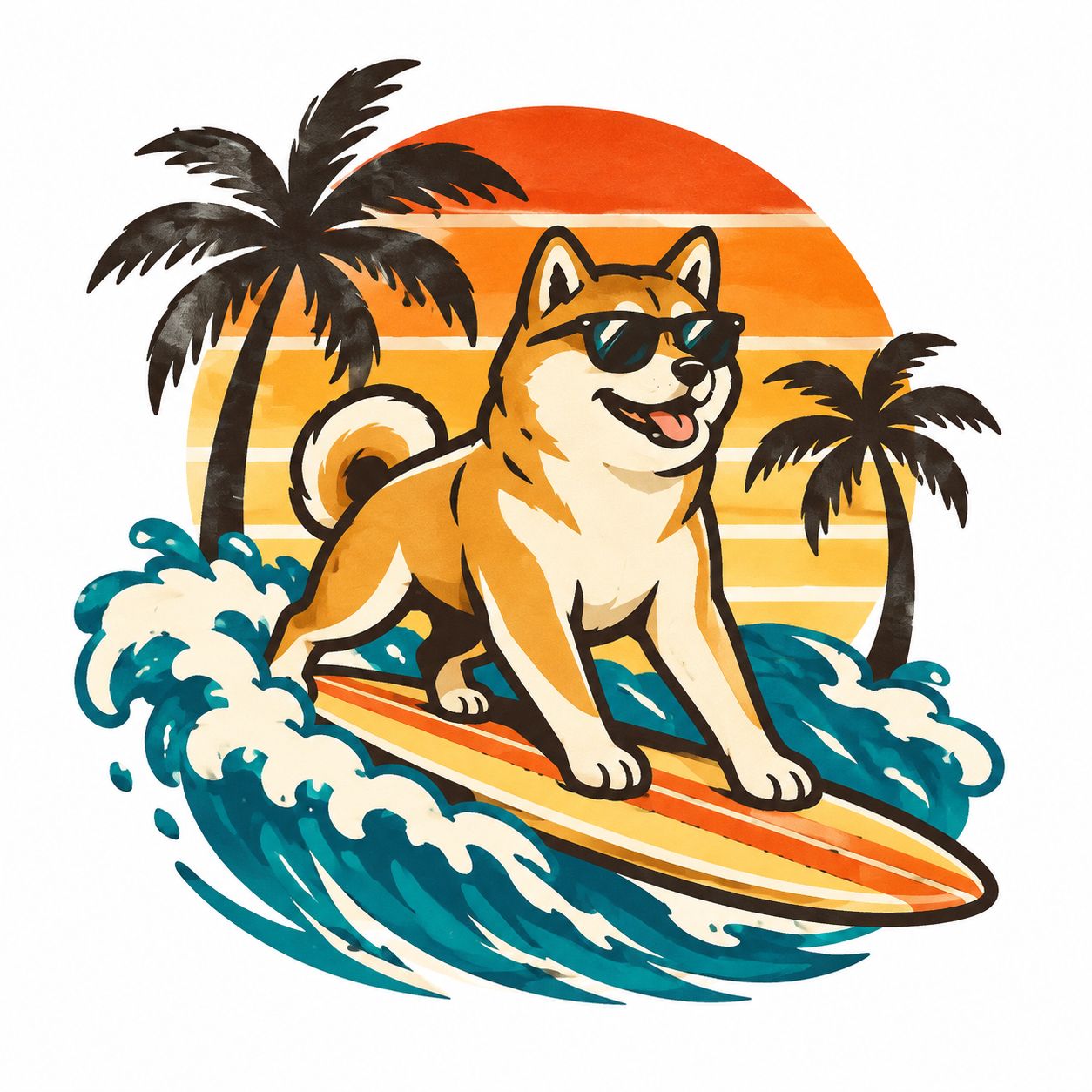 复古插画风格冲浪柴犬图案设计