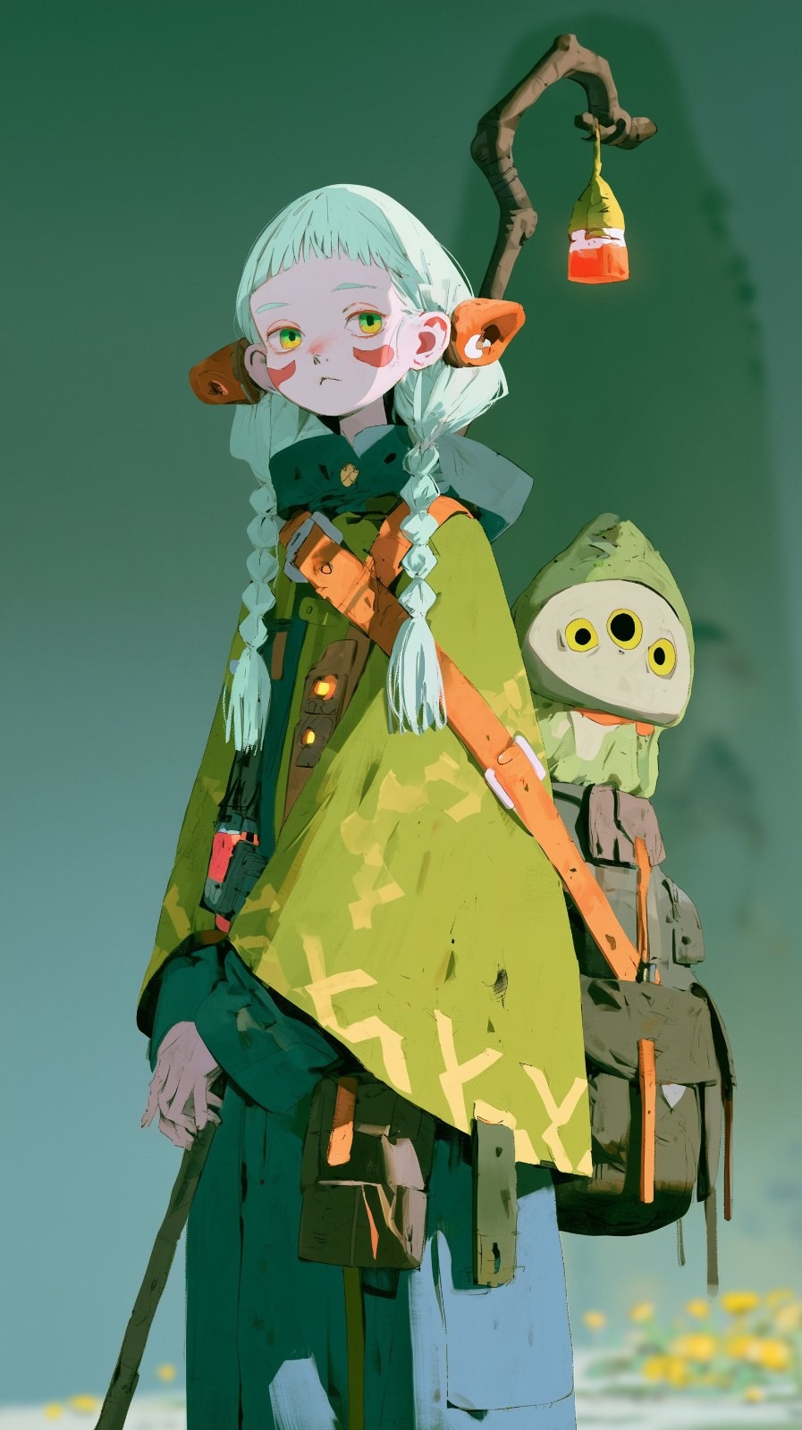 精灵少女穿橄榄绿斗篷背小怪物