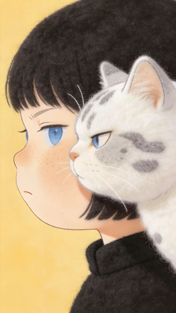 A wool felting style healing picture book depicts a warm scene of a little girl and a British Shorthair cat