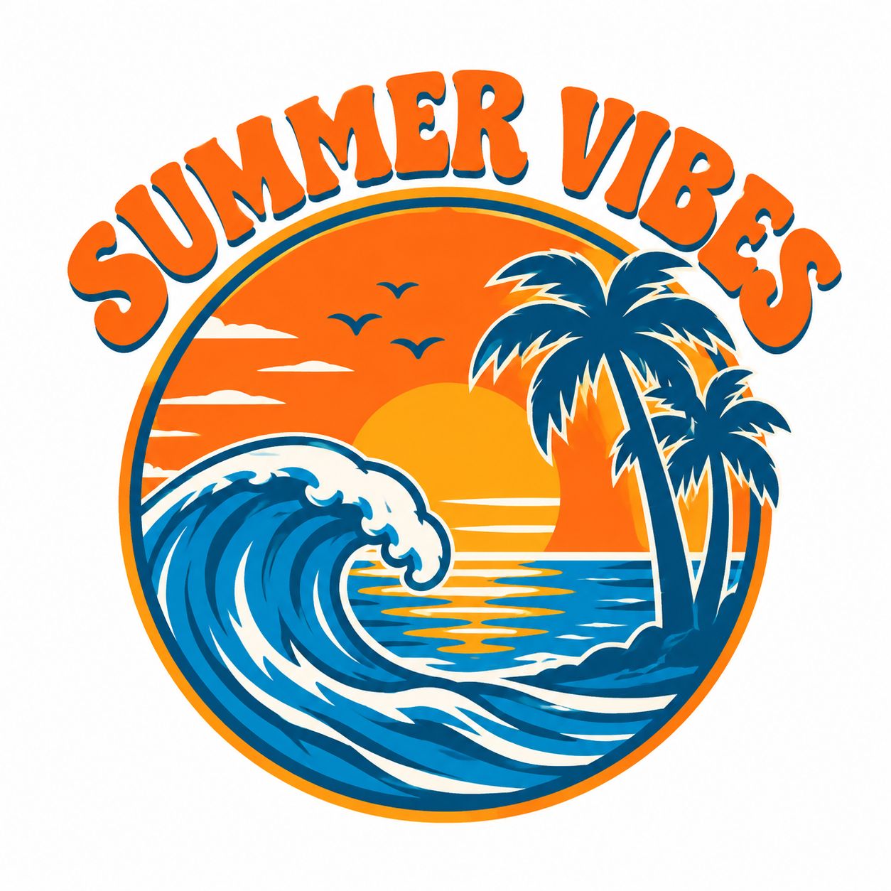 复古冲浪徽章图案，海浪落日椰树与Summer Vibes英文，橙蓝亮色，适合T恤印花