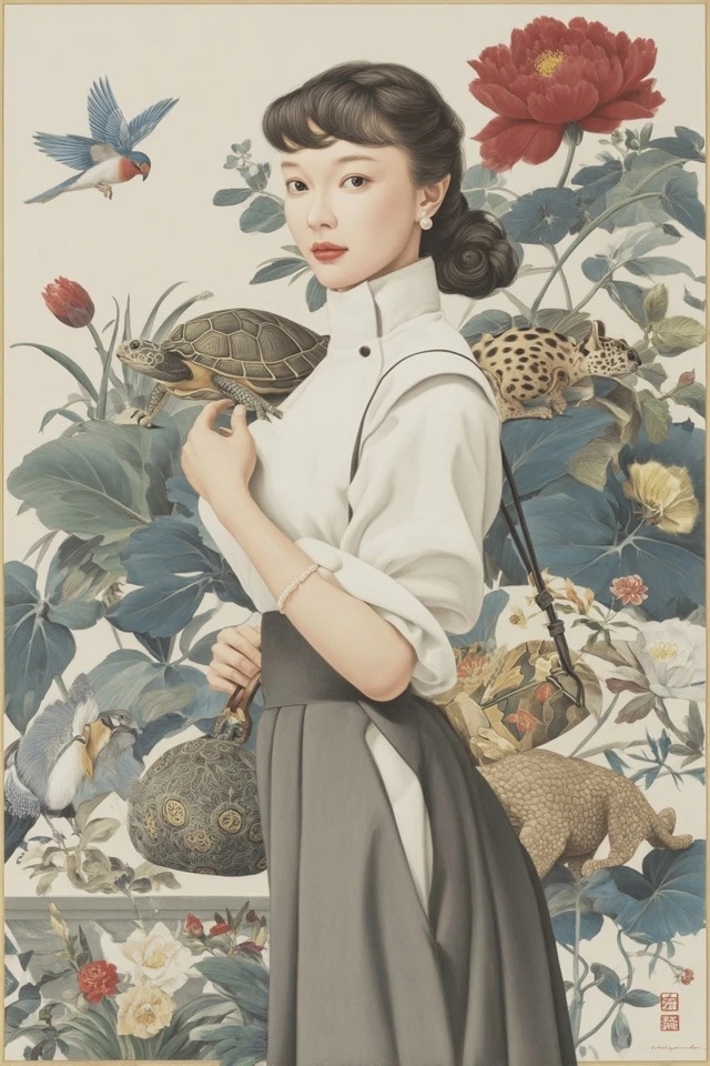 Soft East Asian botanical illustration meets vintage fashion portraiture for luxury skincare