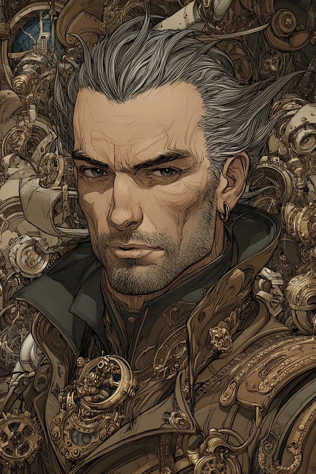 Intricate linework with ornate mechanical detailing, sepia and brass tones with muted olive shadows, metallic engraved textures, dramatic chiaroscuro lighting, dense maximalist framing. Suitable for steampunk character portraits, clockwork fantasy book covers, and Victorian-inspired game concept art