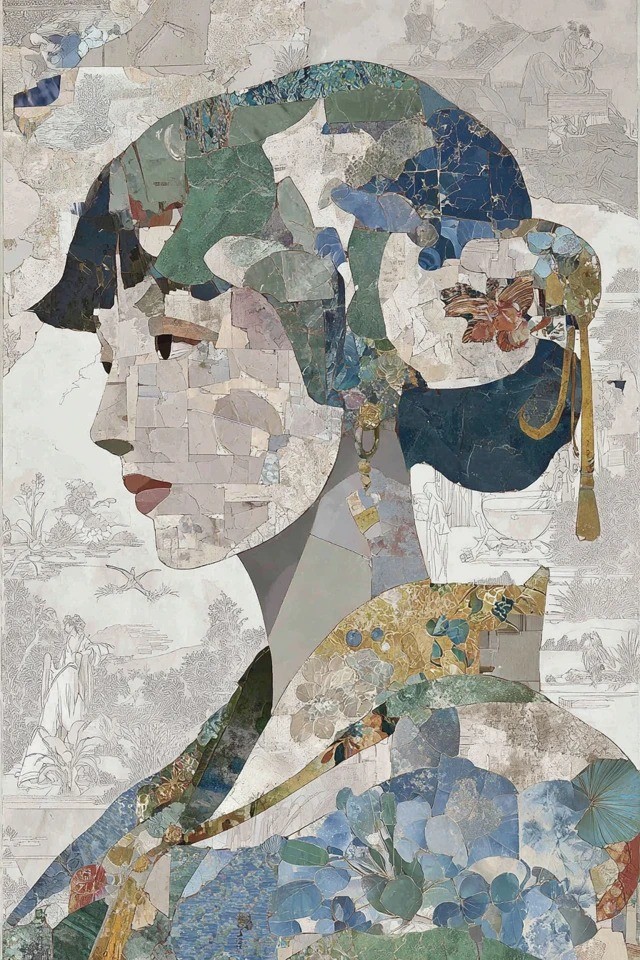 Soft vintage paper collage blending cartographic and botanical textures in sage, indigo, cream, and oxidized gold for editorial covers, museum branding, luxury packaging, and cultural exhibition posters