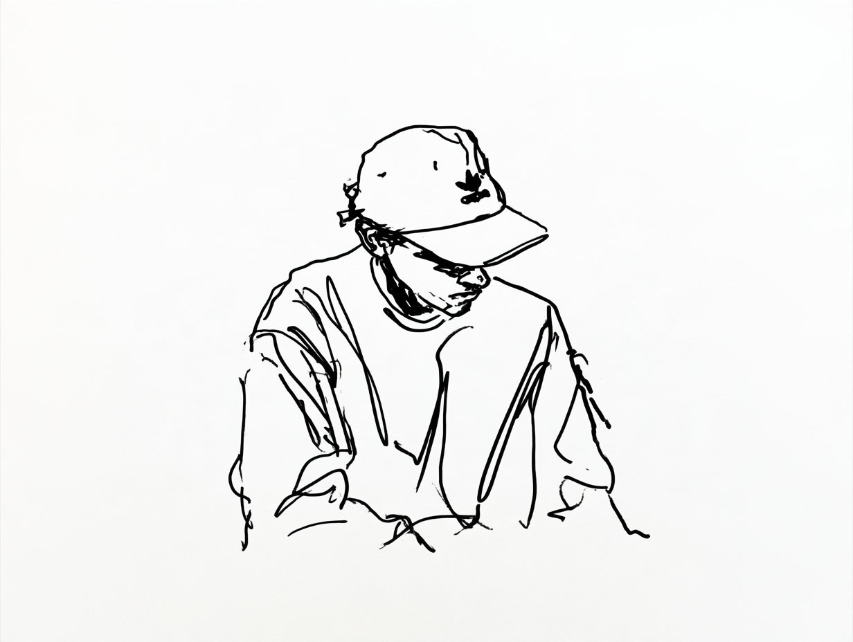一幅黑白线条速写描绘了一位低头的男子