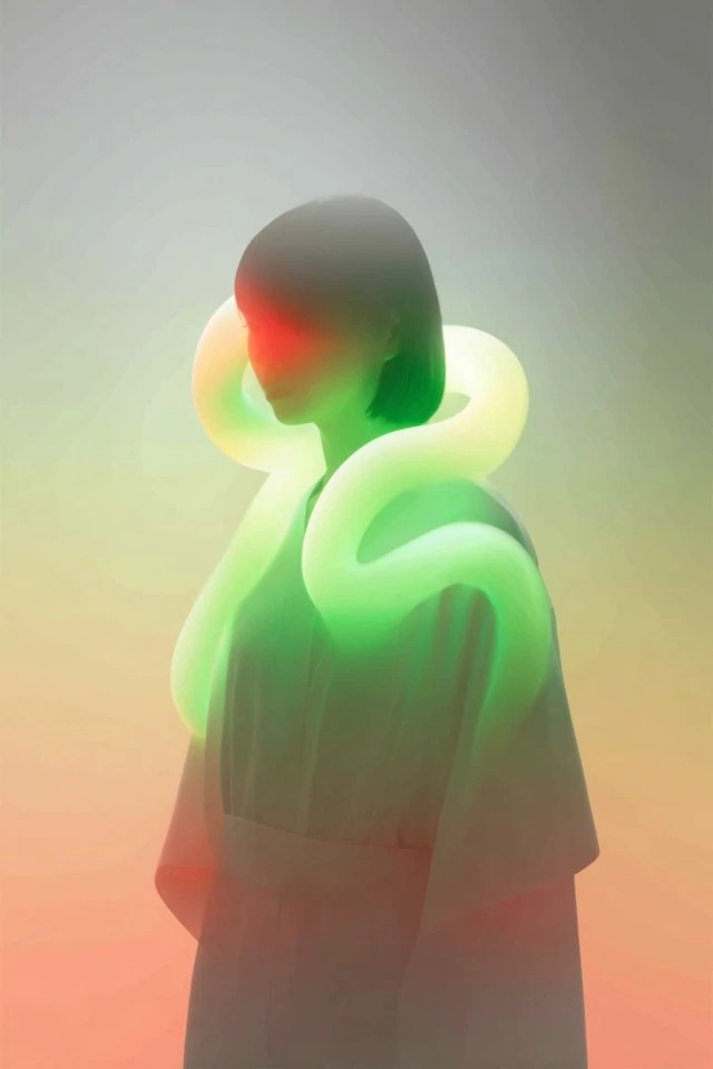 Soft-focus digital painting with blurred edges, smooth gradients, and a muted sage green, warm coral, and hazy gray palette for dreamy scenes and wellness branding