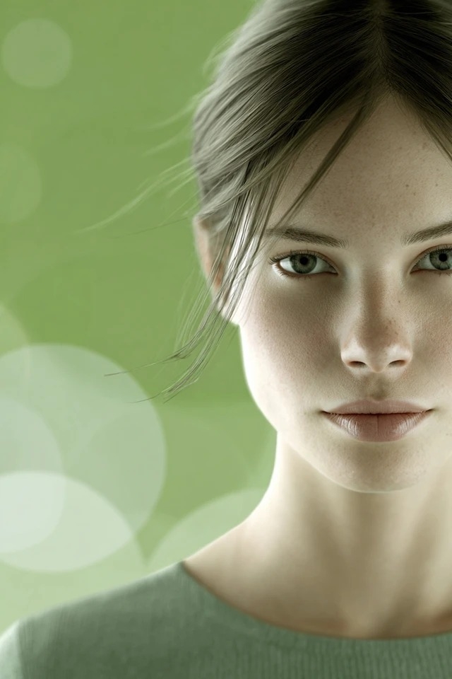 Weiche digitale Malerei, glatte Haut, Salbei- und Hellgrün-Palette, cremiges Bokeh, diffuses natürliches Licht, geringe Schärfentiefe und außermittige Komposition, geeignet für Wellness-Branding, organische Hautpflege, Frühlingsporträts, Meditations-Apps