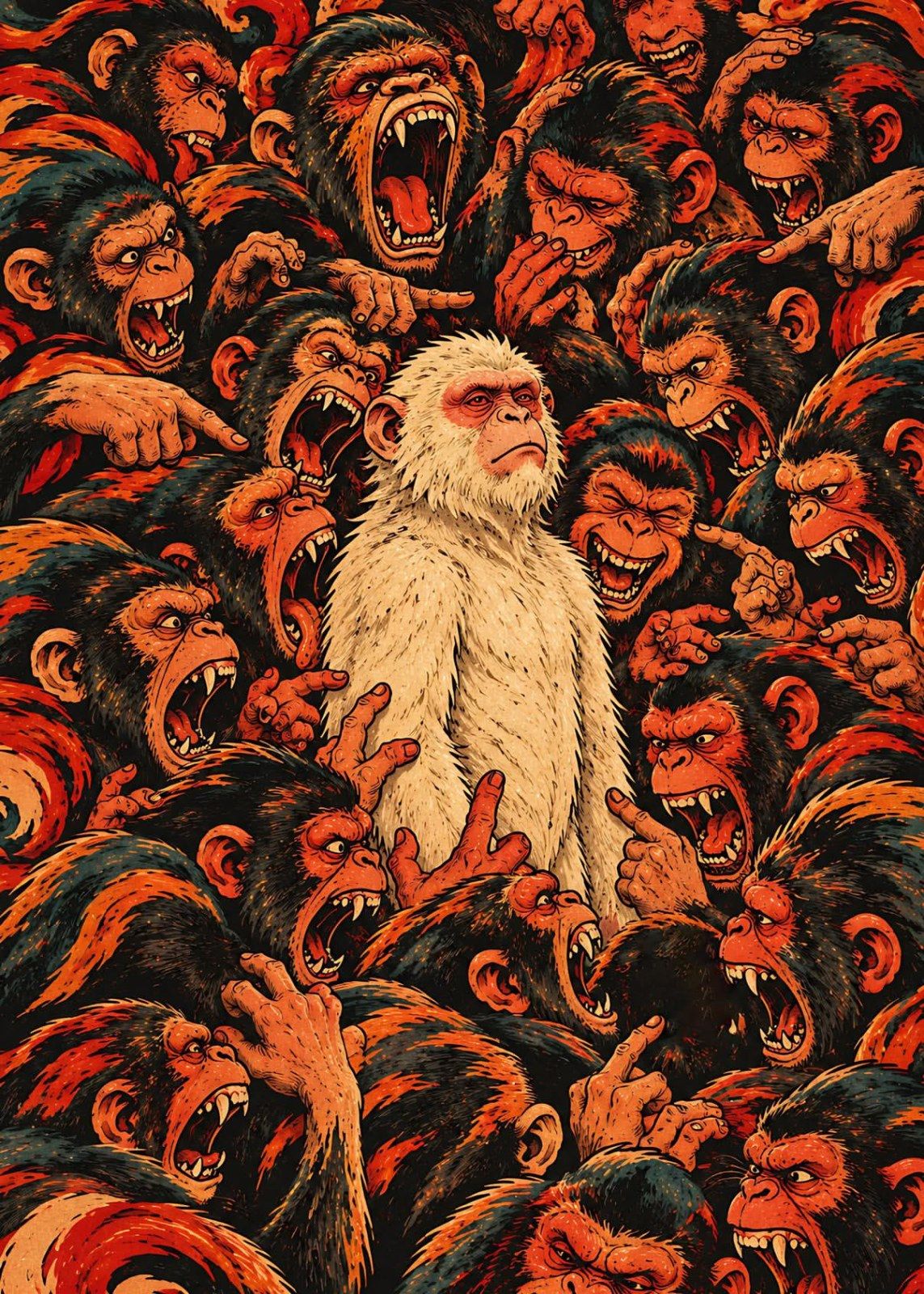 The scene features a white long-haired gibbon surrounded by angry monkeys