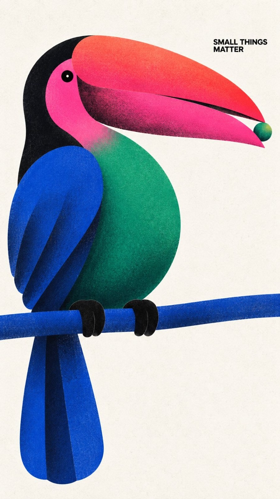 The illustration depicts a geometric toucan resting on a blue branch