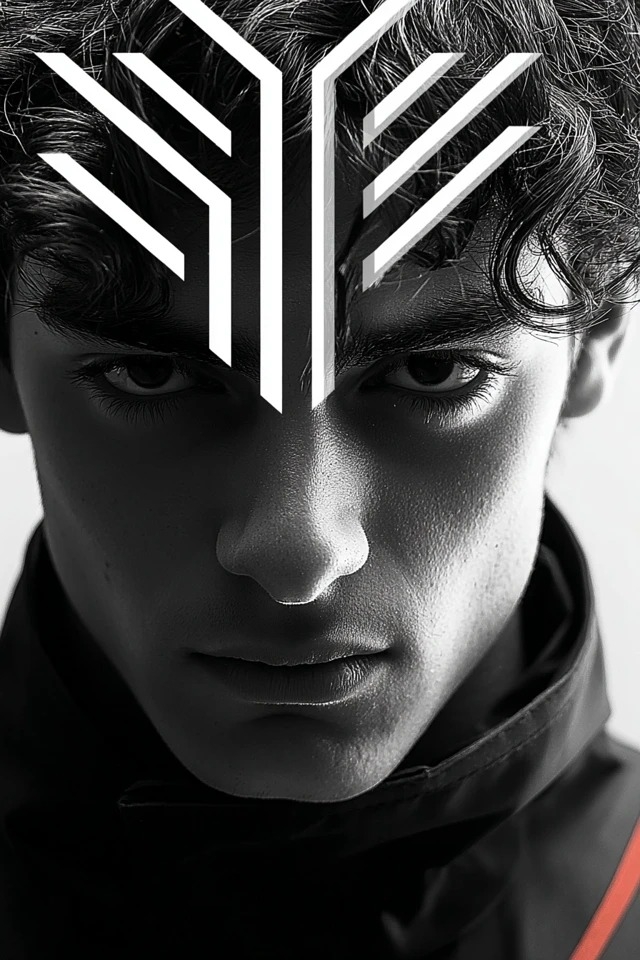 High-contrast monochrome, chiaroscuro lighting, geometric white overlay, gritty skin texture, and minimal red accent in tight composition for dystopian posters, cyberpunk branding, esports identity, and dark athletic campaigns