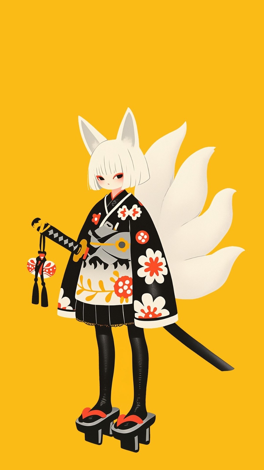 白发狐耳少女穿黑和服配日本刀
