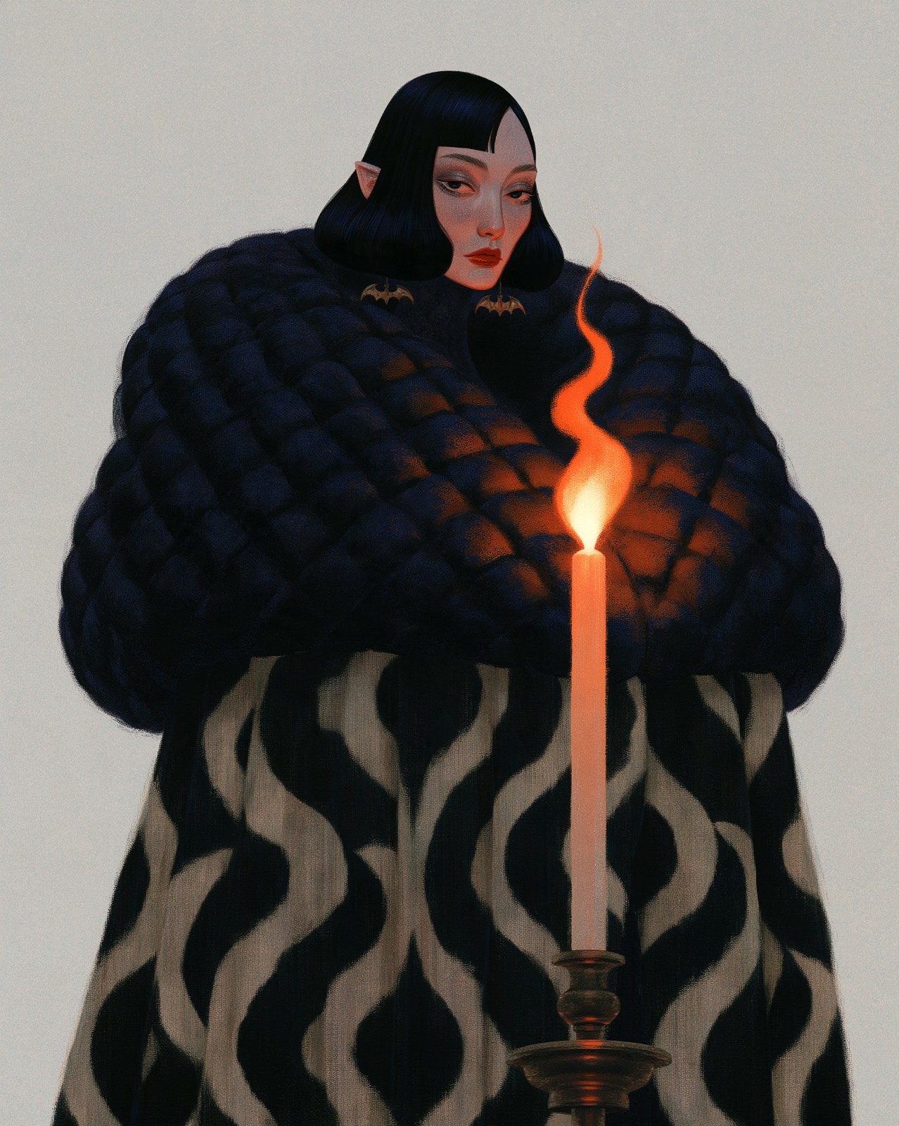 Woman with pointed ears and black hair wears black feathered coat with bat clasp and wavy skirt against light gray background