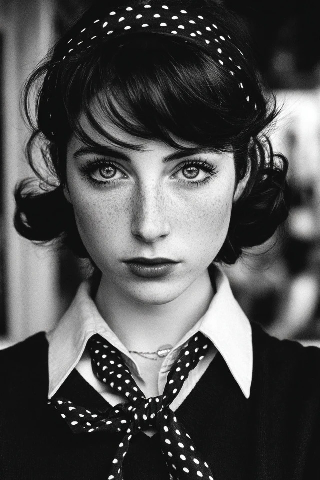 High-contrast black-and-white photography with sharp focus, glossy textures, dramatic chiaroscuro lighting, symmetrical composition, vintage French New Wave style