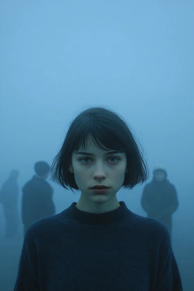 Cinematic portrait with soft cyan tones, shallow depth and blurred silhouettes