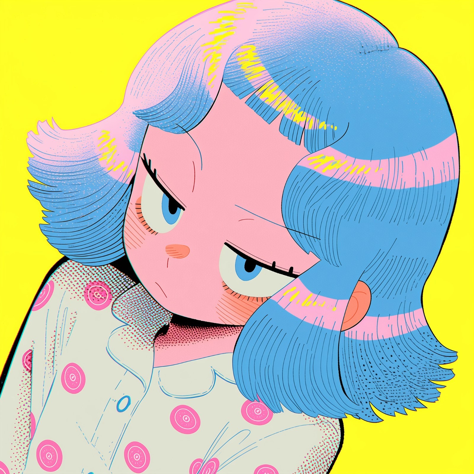 Woman with pink-blue short hair in light jacket looking displeased