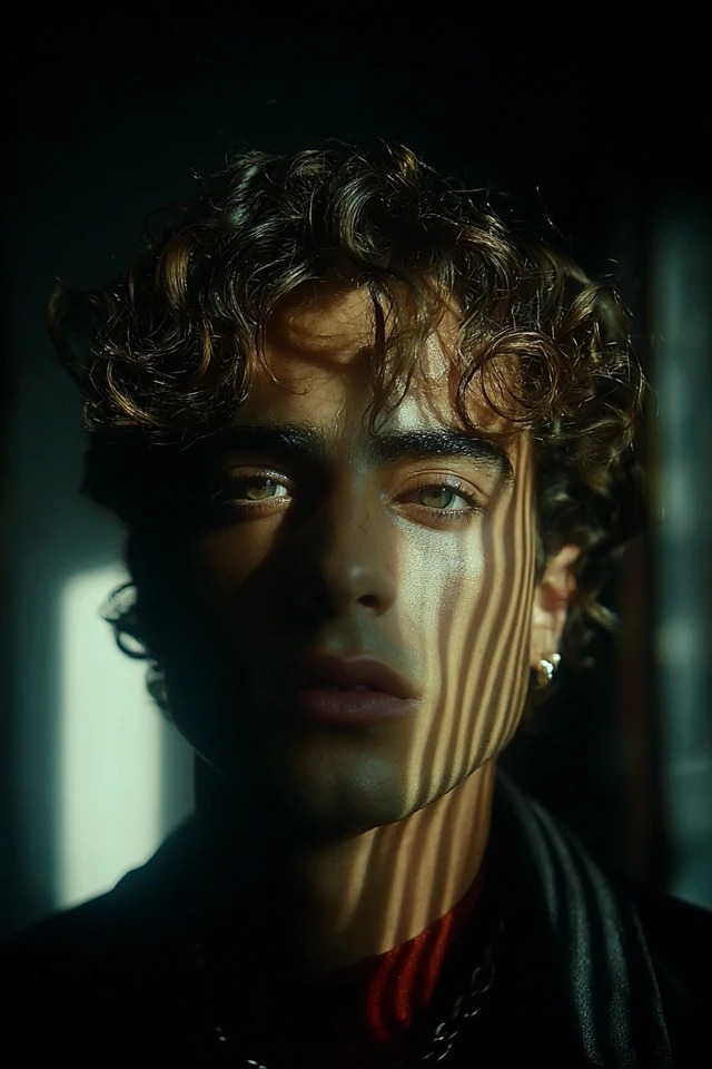 Filmisches Chiaroscuro mit tiefen petrolfarbenen Schatten und warmen bernsteinfarbenen Highlights, Jalousienlichtstreifen erzeugen dramatische geometrische Muster
